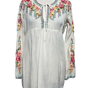 Johnny Was Sheer Floral Embroidered Boho Long Sleeve Tunic Blouse Small